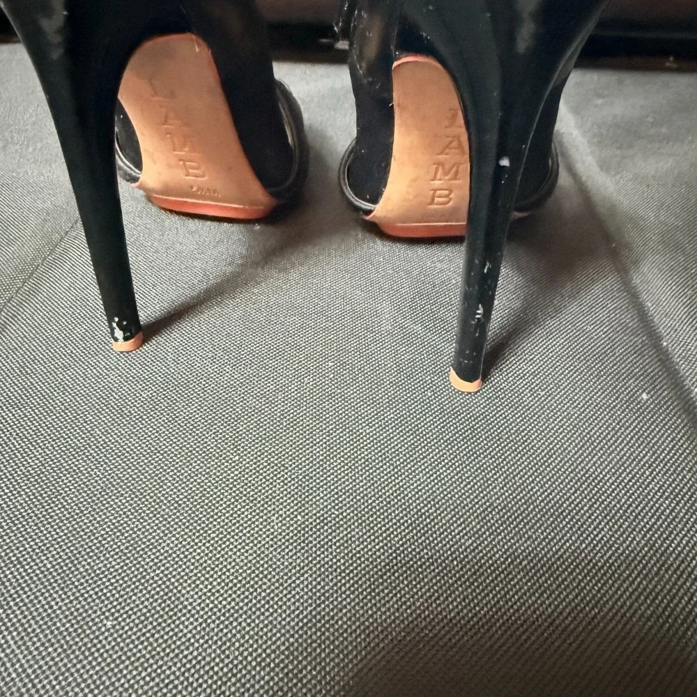 L.A.M.B. Black Leather Suede Ankle Strap Stiletto Heels‎ Womens 5.5M